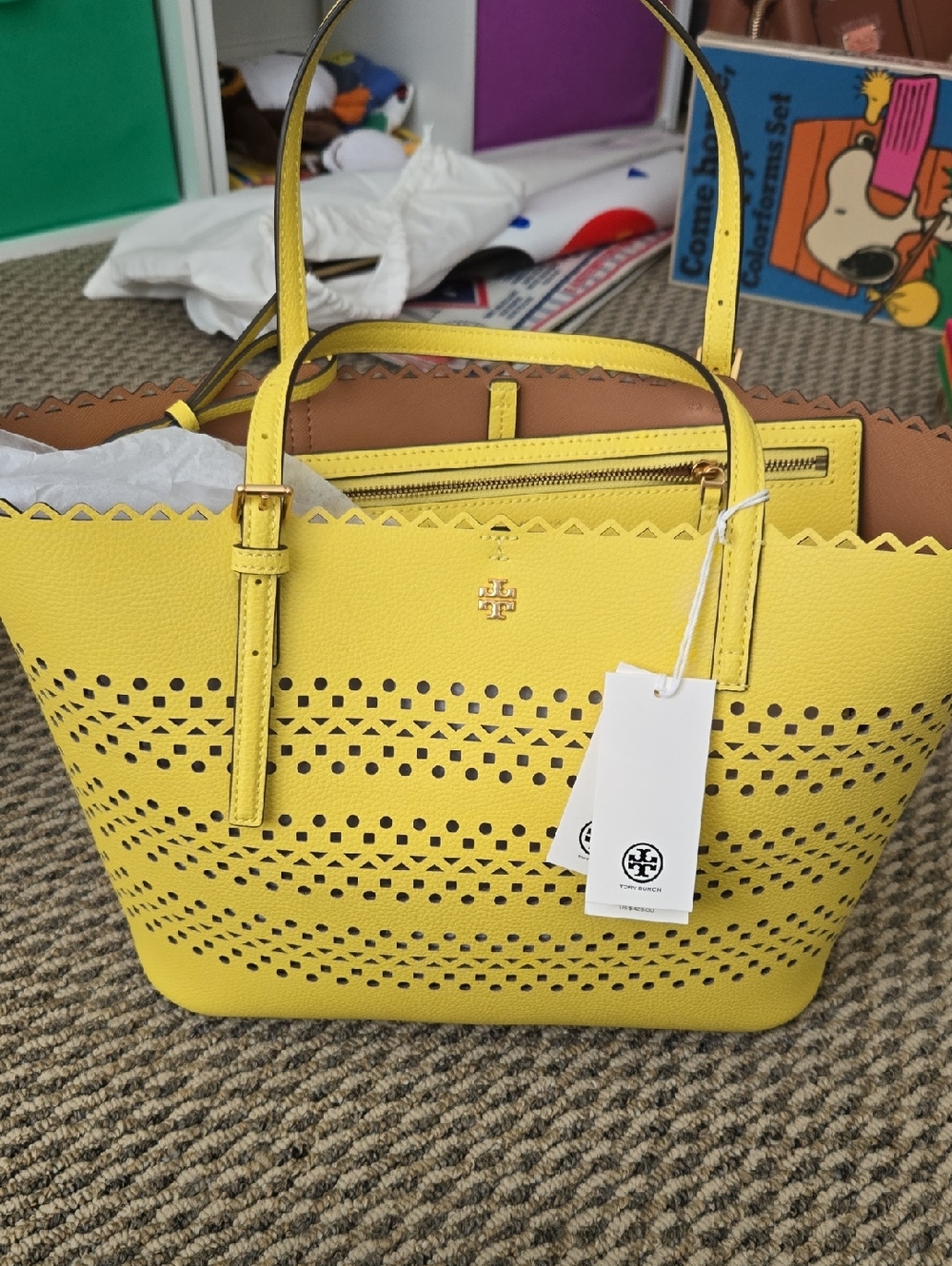 Tory Burch Yellow Emerson Perforated Leather Tote with Gold Logo